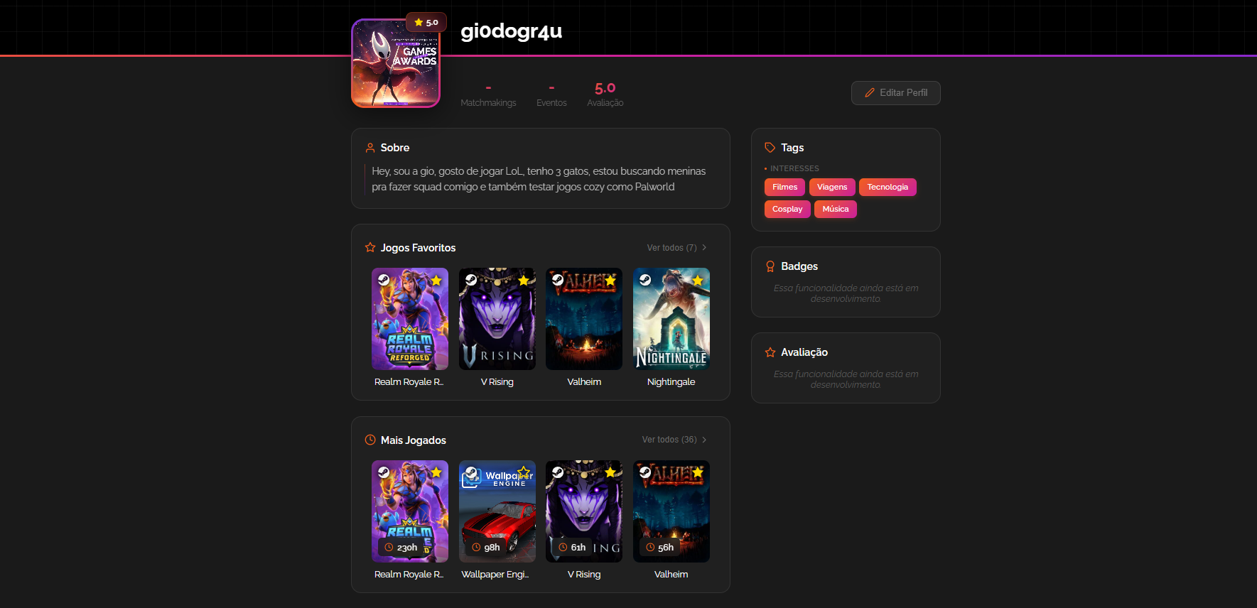 Perfil completo na Game Gather