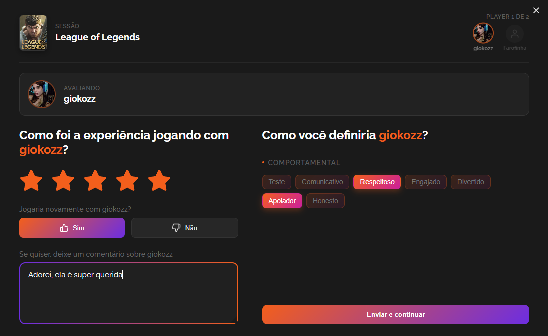 Avaliações pós-partida na Game Gather